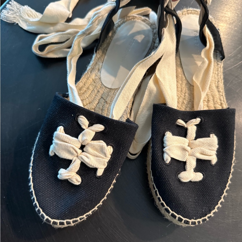 Tory Burch Cream and Black Espadrille Flats